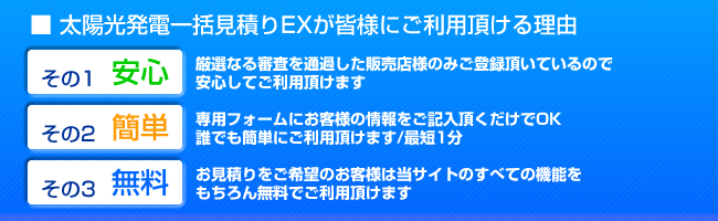 太陽光発電一括見積りEXが皆様にご利用頂ける理由その1安心その2簡単その3無料